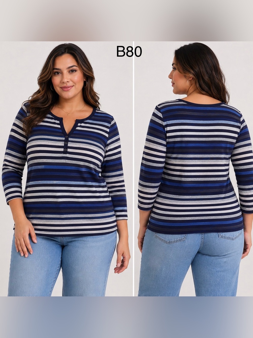 croft & barrow Navy, Royal Blue & Heather Gray Striped Henley,Size XL
